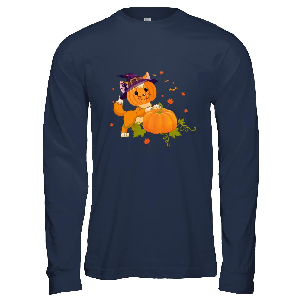 Funny Halloween Cat Pumpkin Costume-T-Shirt & Hoodie-Long Sleeve T-Shirt-Navy