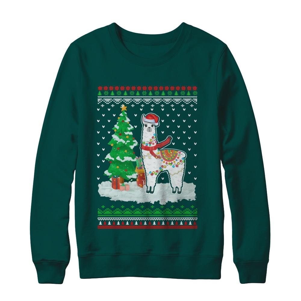 Xmas Alpaca Llama Santa Hat Ugly Christmas Sweater-T-Shirt & Sweatshirt-Crewneck Sweatshirt-Deep Forest