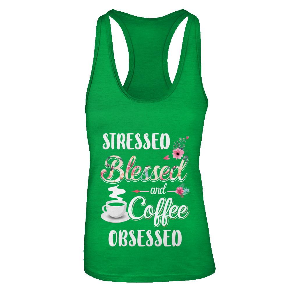 Stressed Blessed And Coffee Obsessed-T-Shirt & Tank Top-Women's Ideal Racerback Tank-Kelly Green