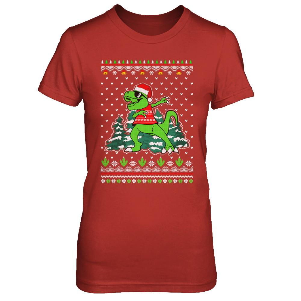 Funny Dab Dabbing Dinosaur Ugly Christmas Sweater Xmas-T-Shirt & Sweatshirt-Women's T-Shirt-Red
