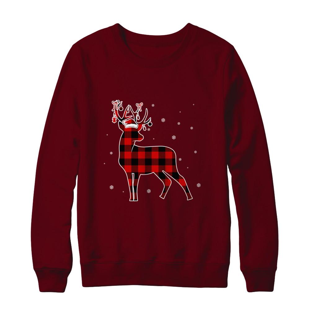 Red Plaid Deer Santa Hat Christmas Buffalo Plaid-T-Shirt & Sweatshirt-Crewneck Sweatshirt-Maroon