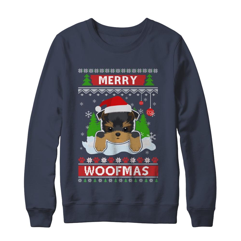Yorkie Merry Woofmas Ugly Christmas Sweater-T-Shirt & Sweatshirt-Crewneck Sweatshirt-Navy