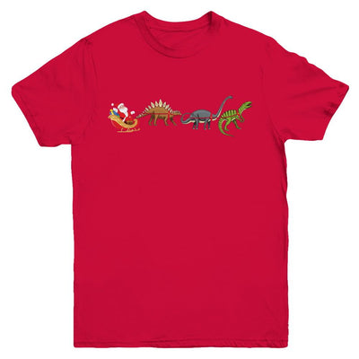 Xmas Cool Santa Sleigh Dinosaur Christmas Gift Youth-Youth Shirt-Youth T-Shirt-Red