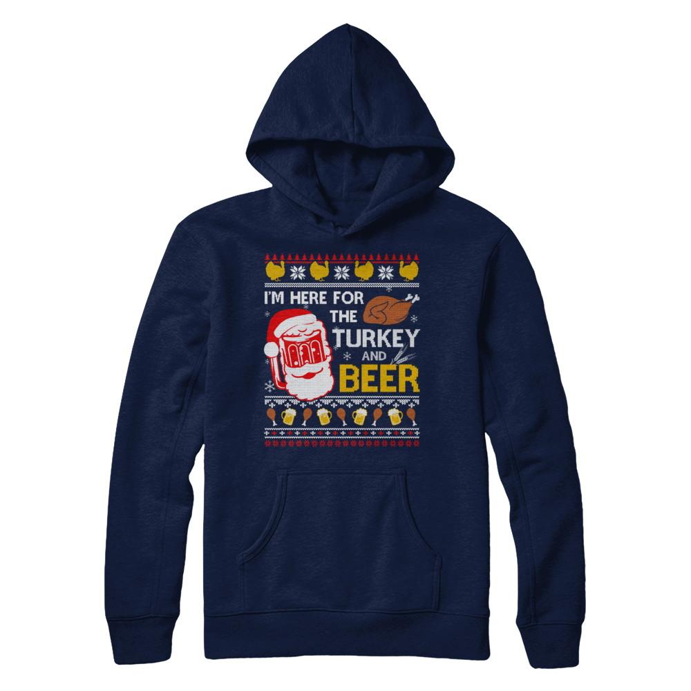 I Am Here For Turkey And Beer Ugly Sweater Thanksgiving-T-Shirt & Sweatshirt-Pullover Hoodie-Navy