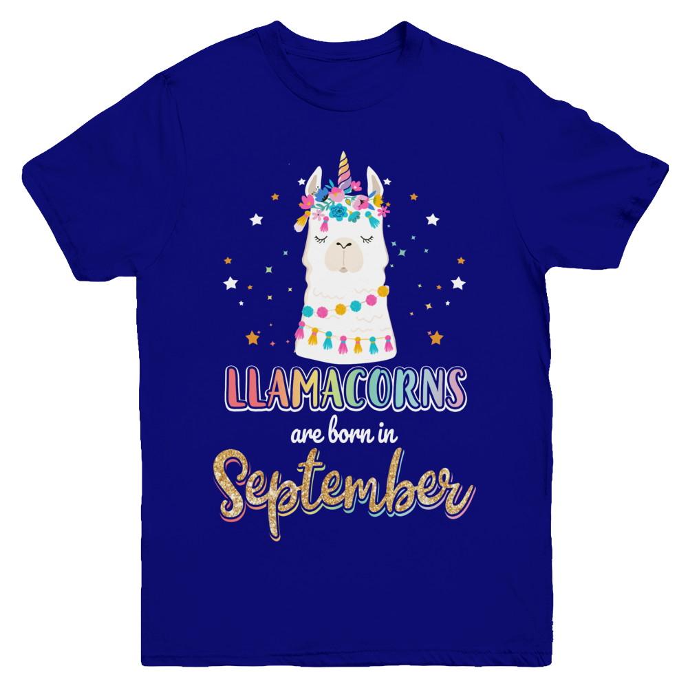 Llama Unicorn Llamacorns Born In September Birthday Gift Youth-Youth Shirt-Youth T-Shirt-Navy