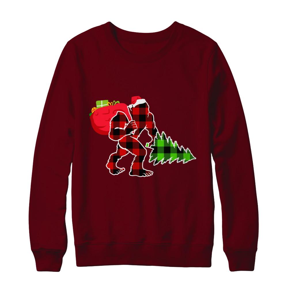 Red Plaid Bigfoot Christmas Buffalo Plaid-T-Shirt & Sweatshirt-Crewneck Sweatshirt-Maroon