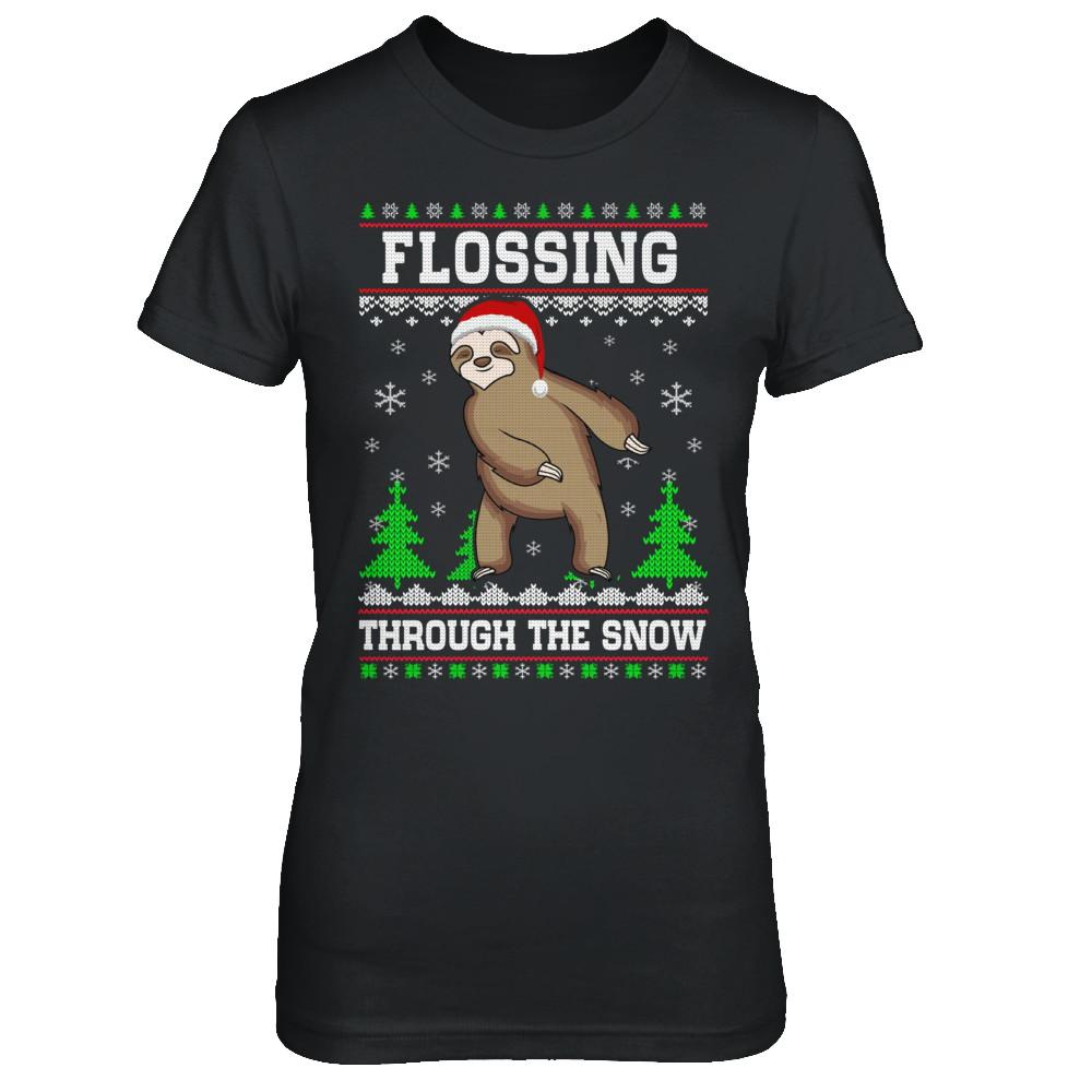 Funny Flossing Sloth Ugly Christmas Sweater Flossin'-T-Shirt & Sweatshirt-Women's T-Shirt-Black