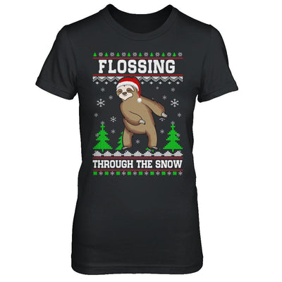 Funny Flossing Sloth Ugly Christmas Sweater Flossin'-T-Shirt & Sweatshirt-Women's T-Shirt-Black