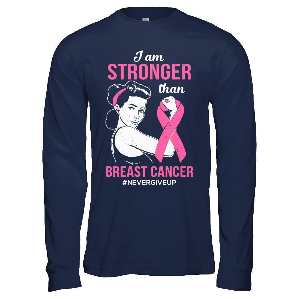 I Am Stronger Than Breast Cancer Awareness Support-T-Shirt & Hoodie-Long Sleeve T-Shirt-Navy