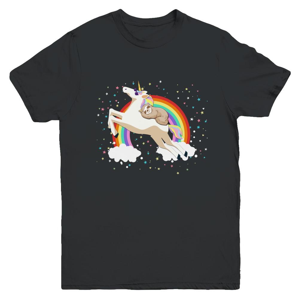 Funny Sloth Riding Unicorn Lover Youth-Youth Shirt-Youth T-Shirt-Black