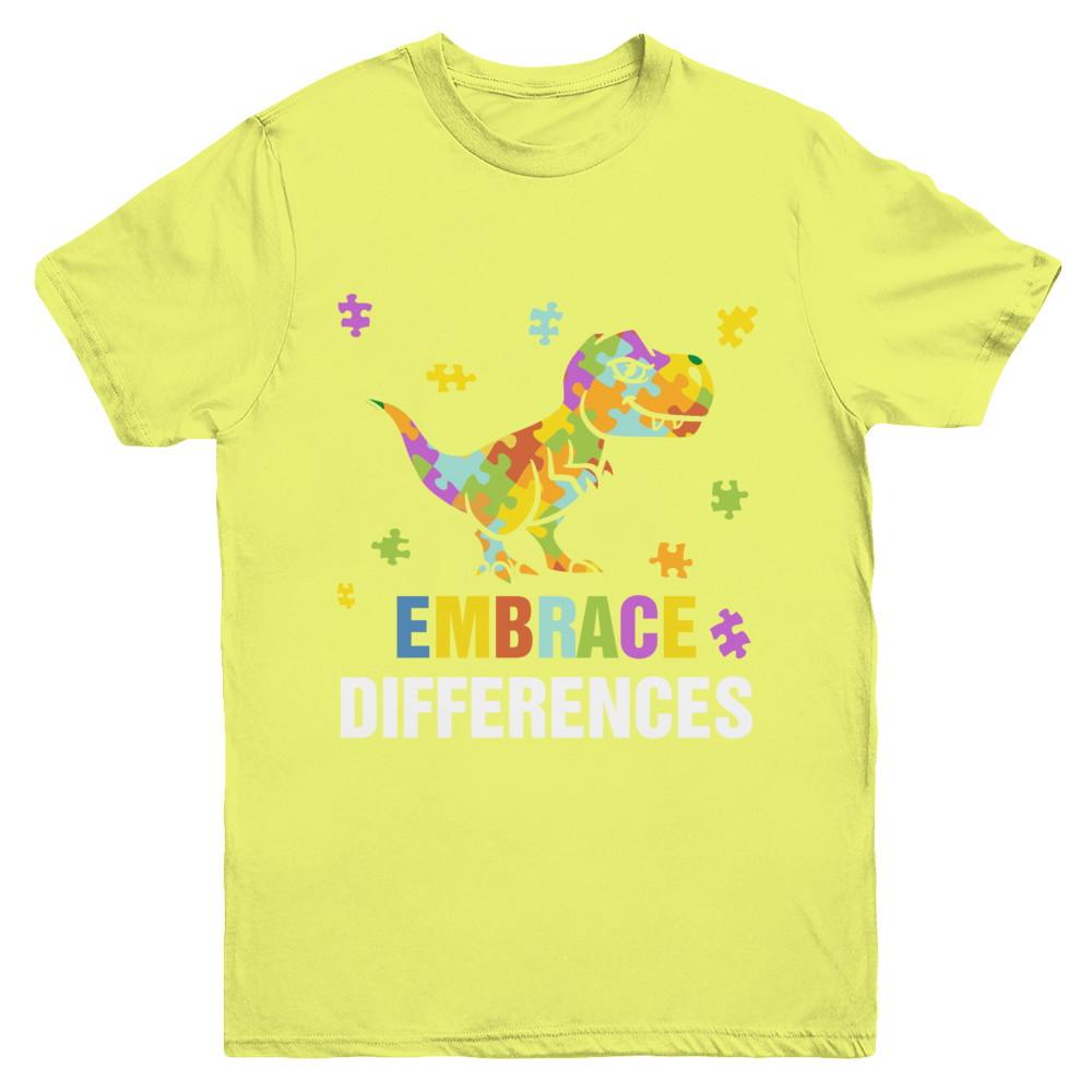 Autism Awareness Puzzle Piece Dinosaur Embrace Differences Youth-Youth Shirt-