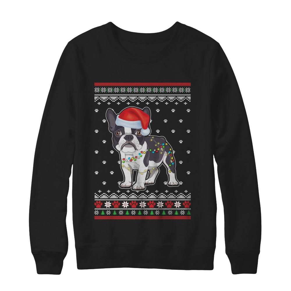 Bulldog Christmas Ugly Sweater Lights Dog Xmas Gift-T-Shirt & Sweatshirt-Crewneck Sweatshirt-Black