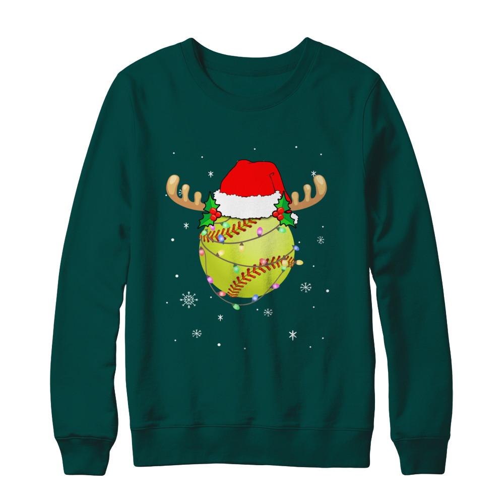 Santa Hat Softball Reindeer Christmas Gifts-T-Shirt & Sweatshirt-Crewneck Sweatshirt-Deep Forest