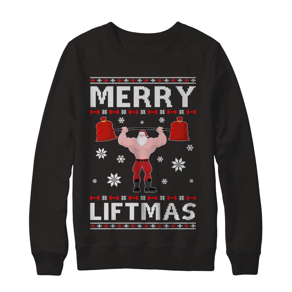 Christmas Merry Liftmas Santa Fitness Gym Ugly Sweater-T-Shirt & Sweatshirt-Crewneck Sweatshirt-Black