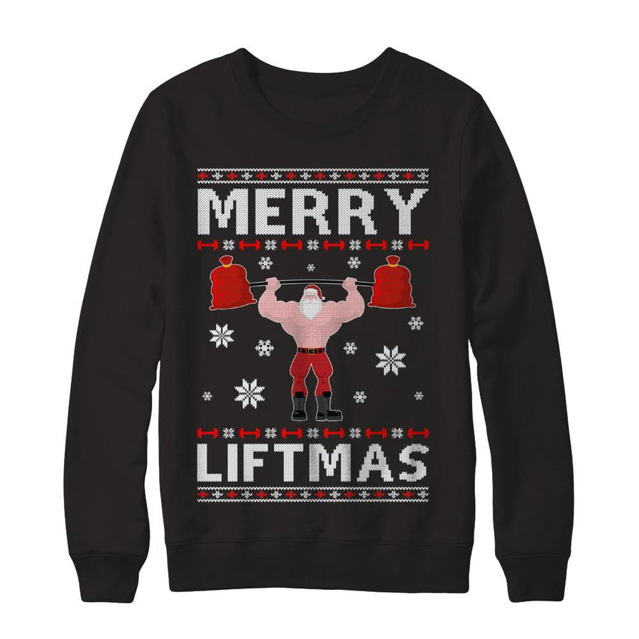 Christmas Merry Liftmas Santa Fitness Gym Ugly Sweater-T-Shirt & Sweatshirt-Crewneck Sweatshirt-Black