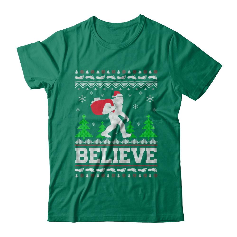 Christmas Believe Bigfoot Ugly Xmas Sweater-T-Shirt & Sweatshirt-Classic T-Shirt-Kelly Green