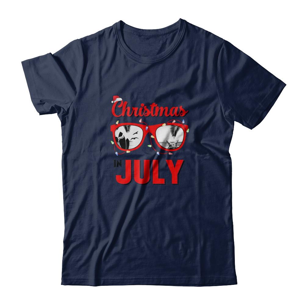 July In Christmas Santa Hat Sunglasses Summer Vacation-T-Shirt & Tank Top-Classic T-Shirt-Navy