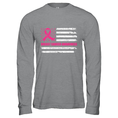 Pink Ribbon Breast Cancer Awareness US Flag-T-Shirt & Hoodie-Long Sleeve T-Shirt-Sport Grey