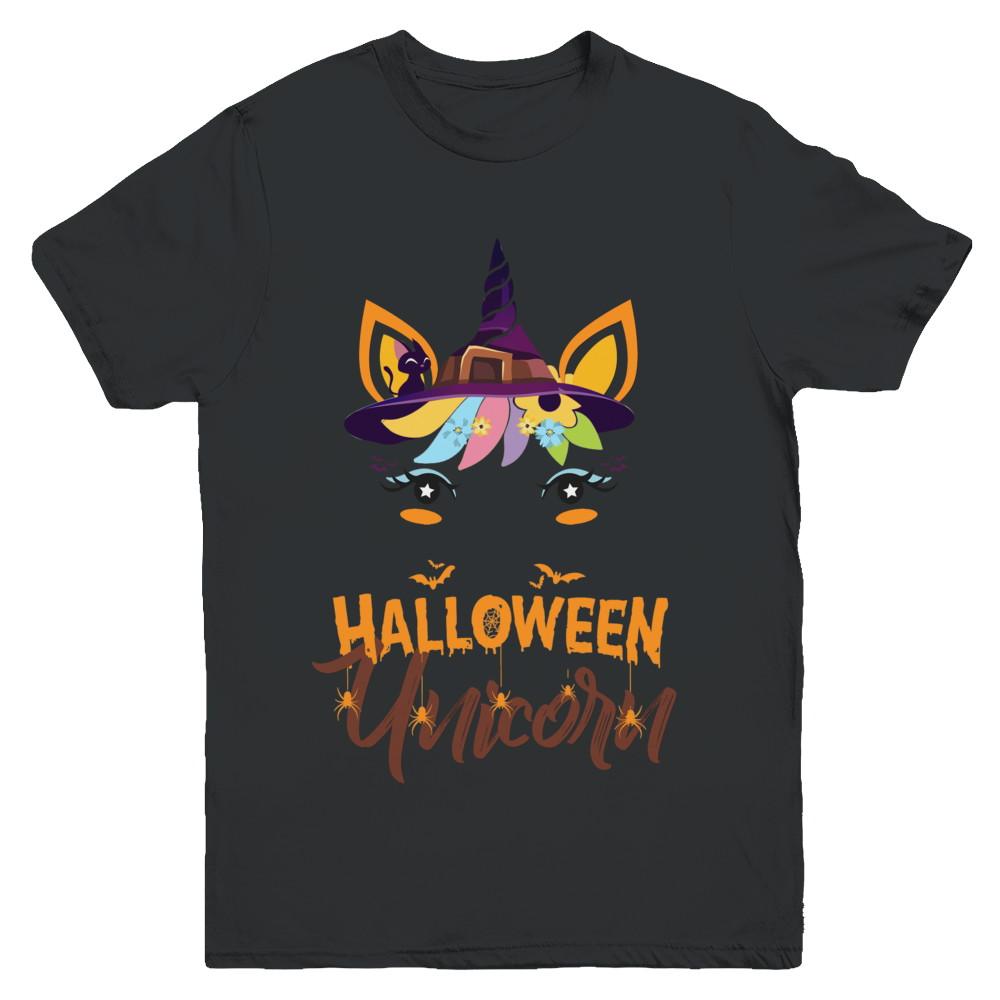 Halloween Costume Unicorn Witch Bats Youth-Youth Shirt-Youth T-Shirt-Black