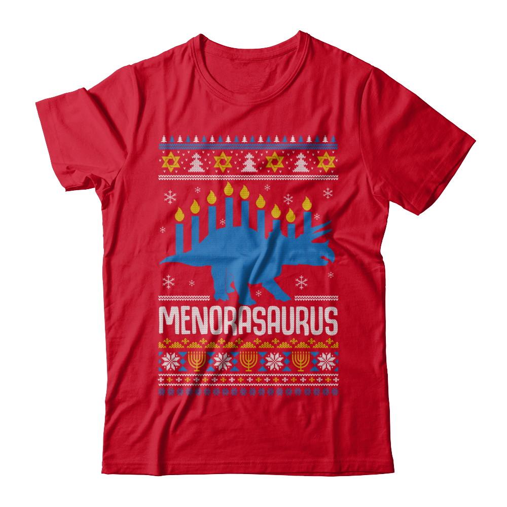 Funny Ugly Hanukkah Dinosaur Menorasaurus Sweater-T-Shirt & Sweatshirt-Premium T-Shirt-Red