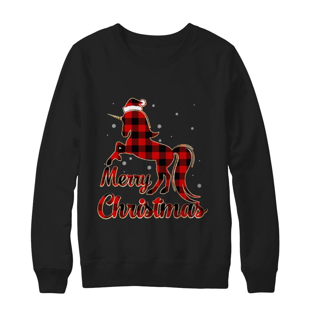 Red Buffalo Plaid Unicorn Merry Christmas-T-Shirt & Sweatshirt-Crewneck Sweatshirt-Black