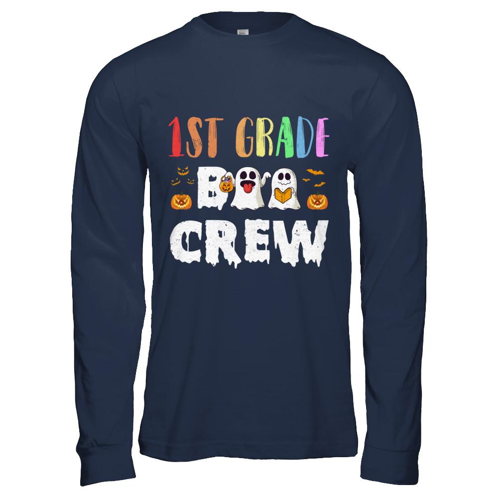 Cute Boo Crew 1st Grade Teacher Halloween-T-Shirt & Hoodie-Long Sleeve T-Shirt-Navy