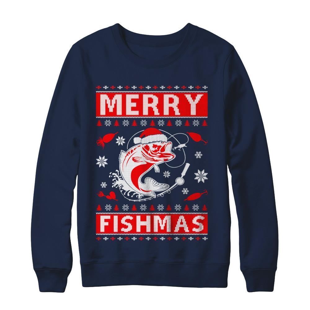 Merry Fishmas Fishing Fish Christmas Sweater-T-Shirt & Sweatshirt-Crewneck Sweatshirt-Navy