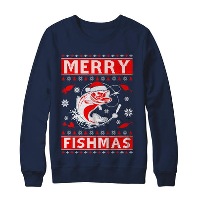 Merry Fishmas Fishing Fish Christmas Sweater-T-Shirt & Sweatshirt-Crewneck Sweatshirt-Navy