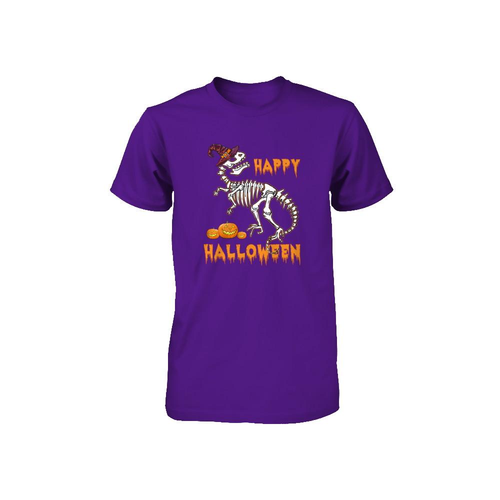 Funny Happy Halloween T-Rex Skeleton Dinosaur Youth-Youth Shirt-Youth T-Shirt-Team Purple