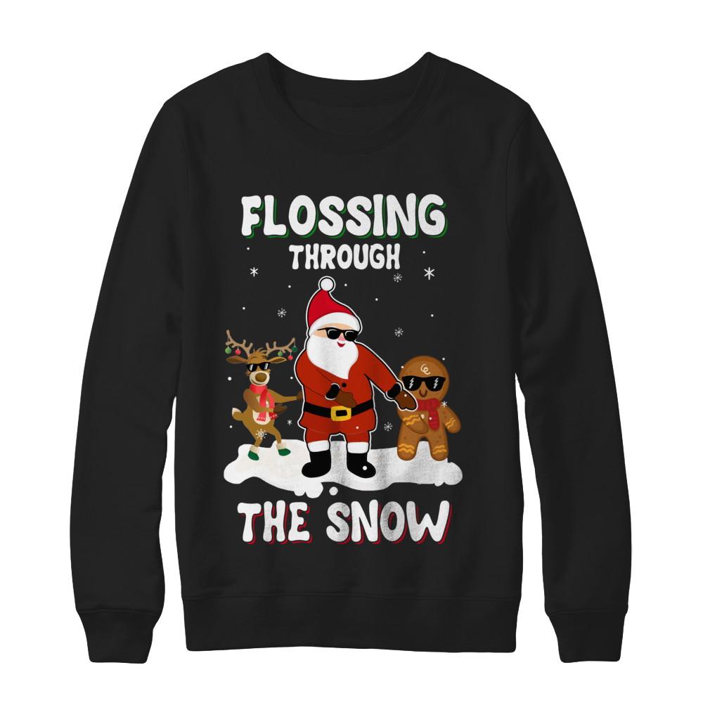 Flossing Through The Snow Santa Reindeer Gingerbread-T-Shirt & Sweatshirt-Crewneck Sweatshirt-Black