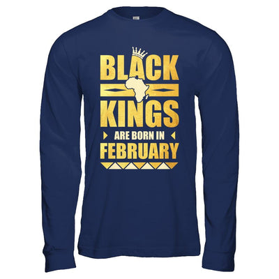 Black Kings Are Born In February Birthday-T-Shirt & Hoodie-Long Sleeve T-Shirt-Navy