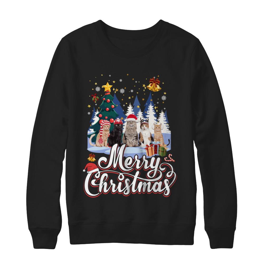 Merry Christmas Cat Women Girls Christmas Gift-T-Shirt & Sweatshirt-Crewneck Sweatshirt-Black