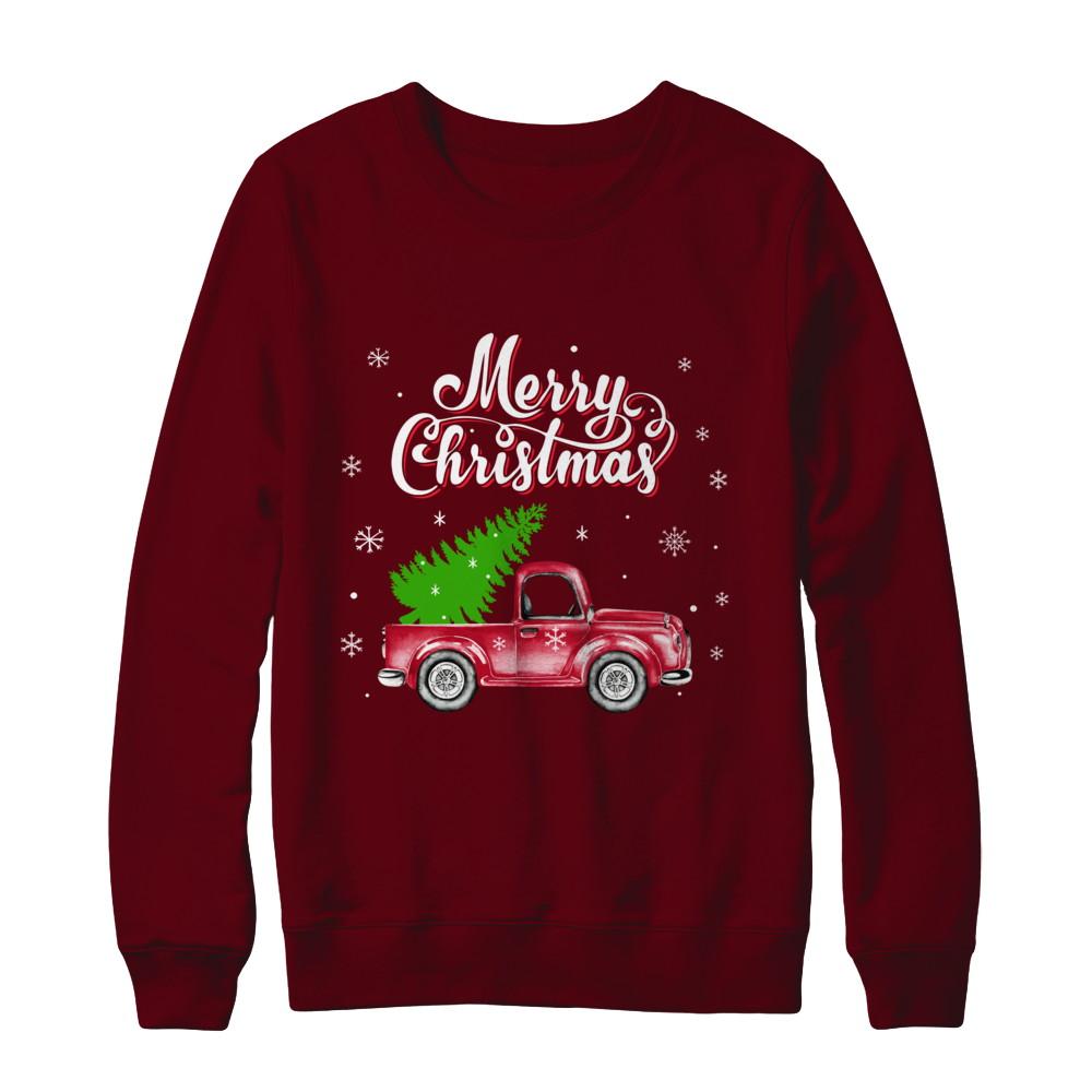Snow Tree Truck Merry Christmas-T-Shirt & Sweatshirt-Crewneck Sweatshirt-Maroon