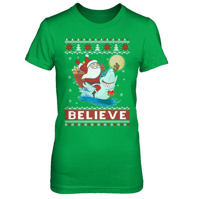Believe In Santa Riding Shark Ugly Christmas Sweater-T-Shirt & Sweatshirt-Women's T-Shirt-Irish Green