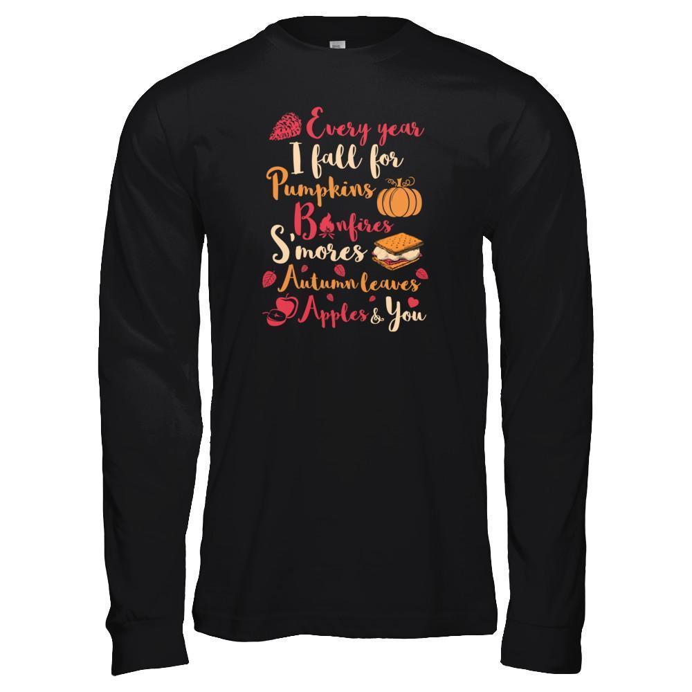 Every Year I Fall For Pumpkins Bonfires S'mores Autumn-T-Shirt & Tank Top-Long Sleeve T-Shirt-Black