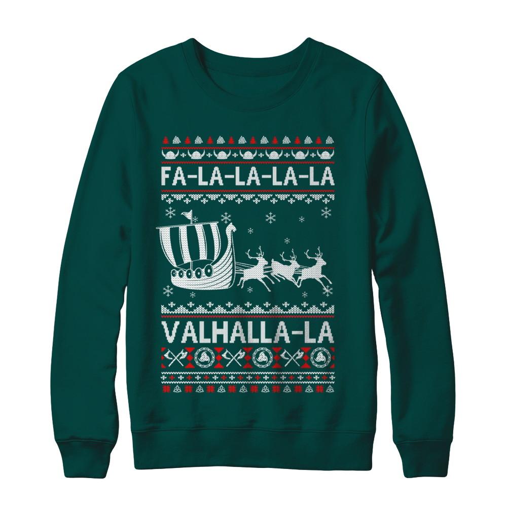 Fa La La Valhalla Viking Ship Ugly Christmas Sweater-T-Shirt & Sweatshirt-Crewneck Sweatshirt-Deep Forest