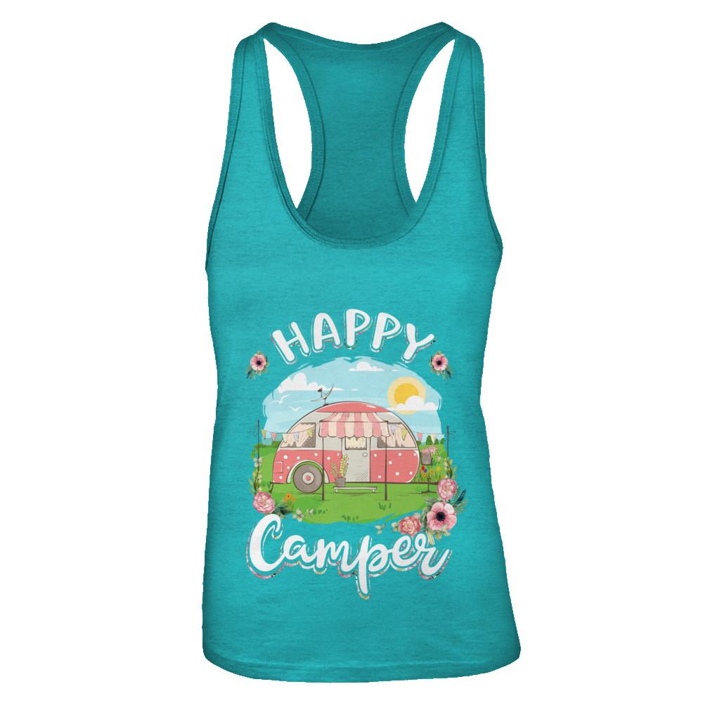 Happy Camper Flower Funny Camping Girl Gifts-T-Shirt & Tank Top-Women's Ideal Racerback Tank-Tahiti Blue