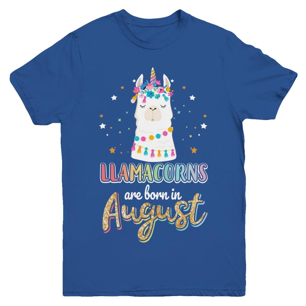 Llama Unicorn Llamacorns Born In August Birthday Gift Youth-Youth Shirt-Youth T-Shirt-Royal