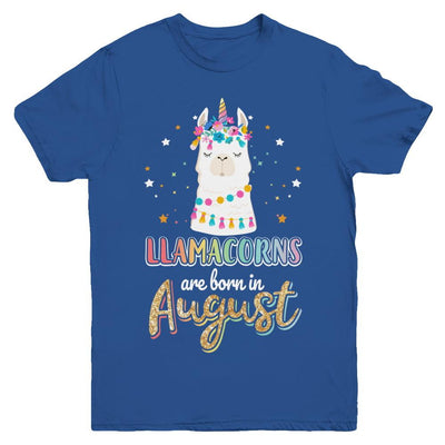 Llama Unicorn Llamacorns Born In August Birthday Gift Youth-Youth Shirt-Youth T-Shirt-Royal