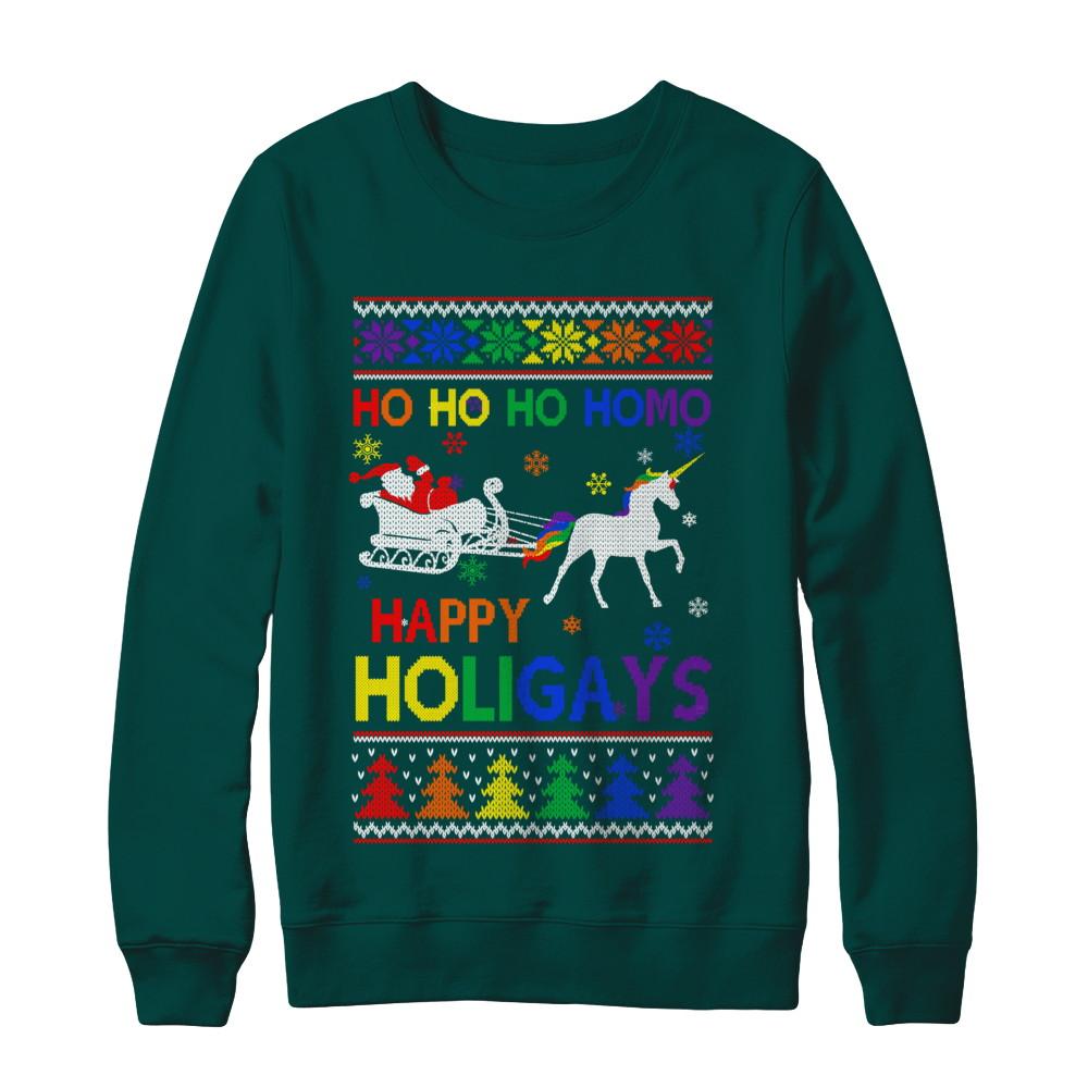 Ho Ho Ho Santa Riding Unicorrn Happy Holigays LGBT-T-Shirt & Sweatshirt-Crewneck Sweatshirt-Deep Forest
