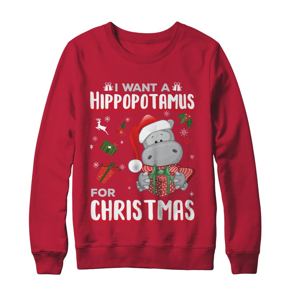 I Want A Hippopotamus For Christmas Hippo-T-Shirt & Sweatshirt-Crewneck Sweatshirt-Red