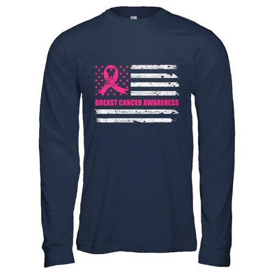 Pink Ribbon Breast Cancer Awareness US Flag-T-Shirt & Hoodie-Long Sleeve T-Shirt-Navy