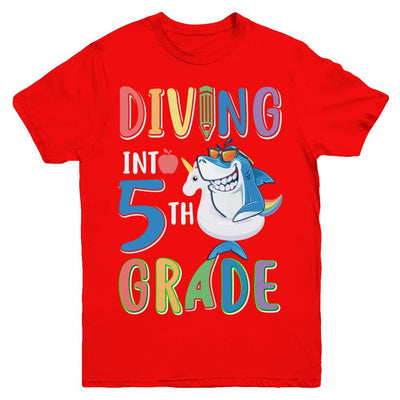 Diving Into 5th Grade Back To School Shark Youth-Youth Shirt-Youth T-Shirt-Red