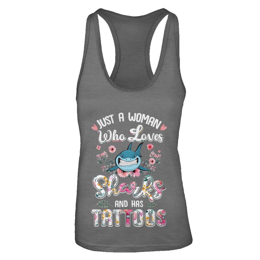 Just A Woman Who Loves Sharks And Has Tattoos-T-Shirt & Tank Top-Women's Ideal Racerback Tank-Dark Grey