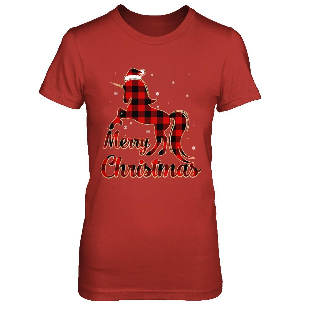 Red Buffalo Plaid Unicorn Merry Christmas-T-Shirt & Sweatshirt-Women's T-Shirt-Red