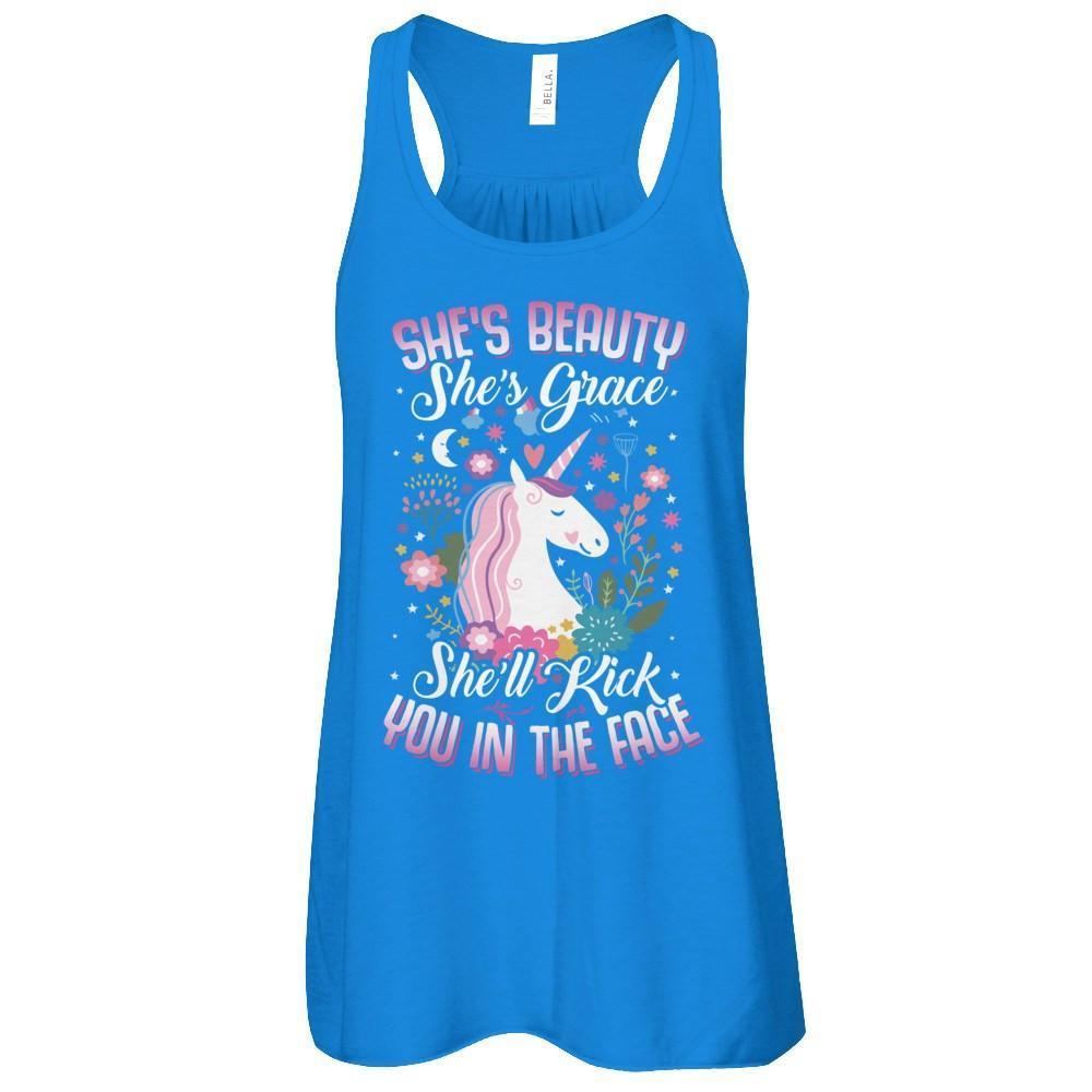 She's Beauty She's Grace She'll Kick You In The Face Unicorn Lover-T-Shirt & Tank Top-Women's Flowy Racerback Tank-True Royal