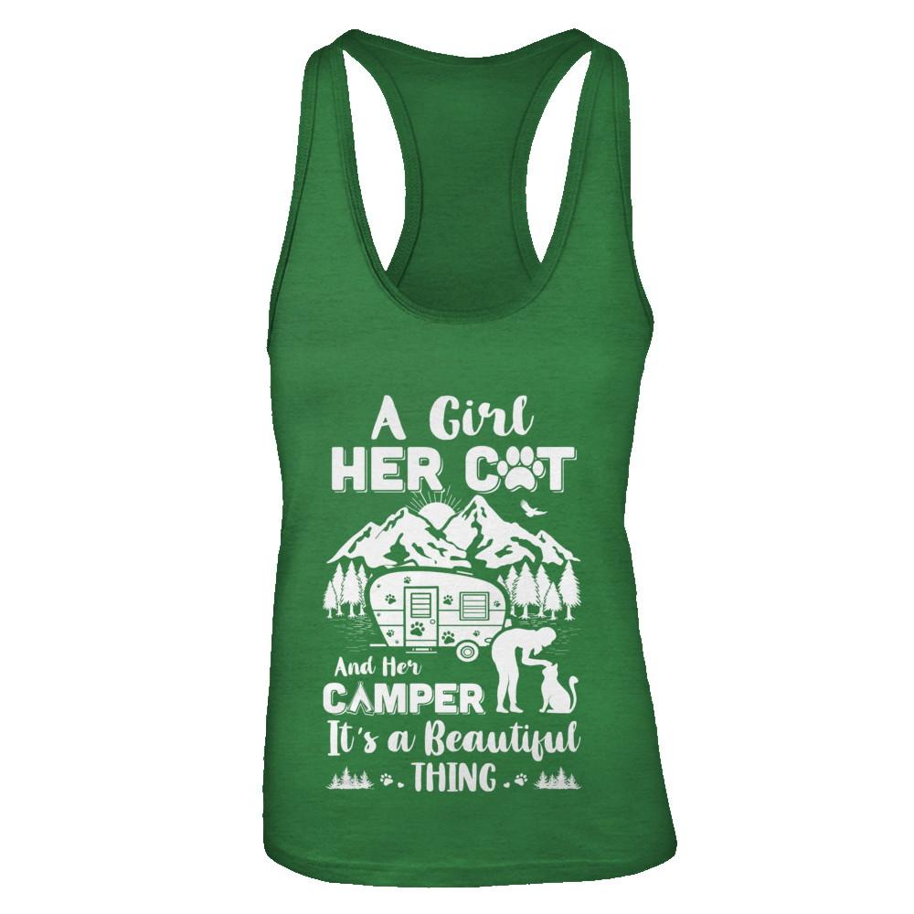 A Girl Her Cat And Her Camper It's A Beautiful Thing Camping-T-Shirt & Tank Top-Women's Ideal Racerback Tank-Kelly Green