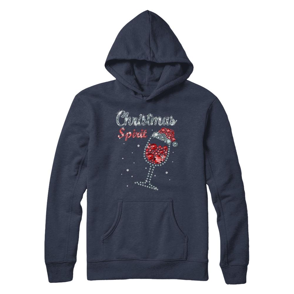 Diamond Christmas Spirit Santa Hat Wine Glass-T-Shirt & Sweatshirt-Pullover Hoodie-Navy