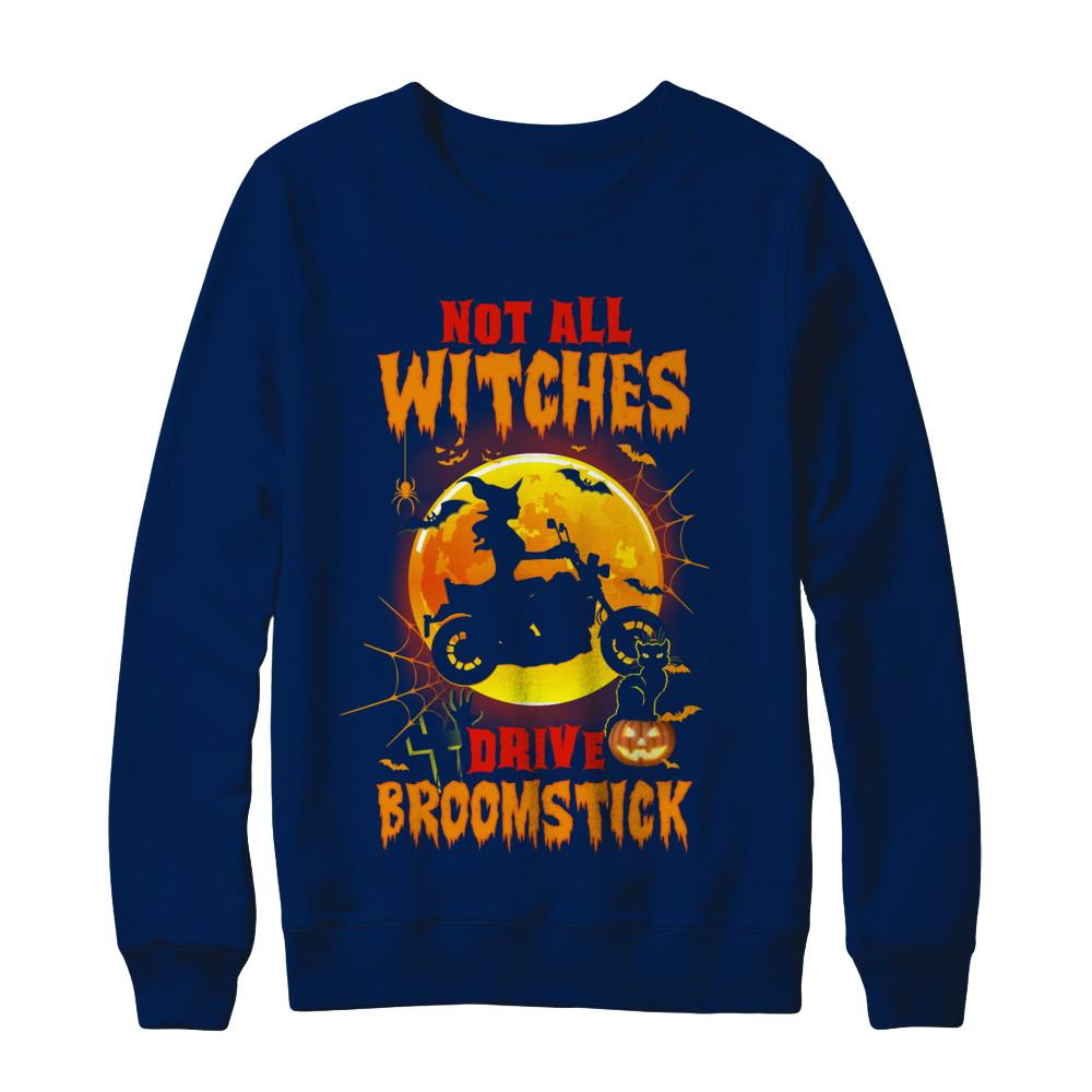 Not All Witches Drive Broom Funny Halloween Biker-T-Shirt & Sweatshirt-Crewneck Sweatshirt-Navy