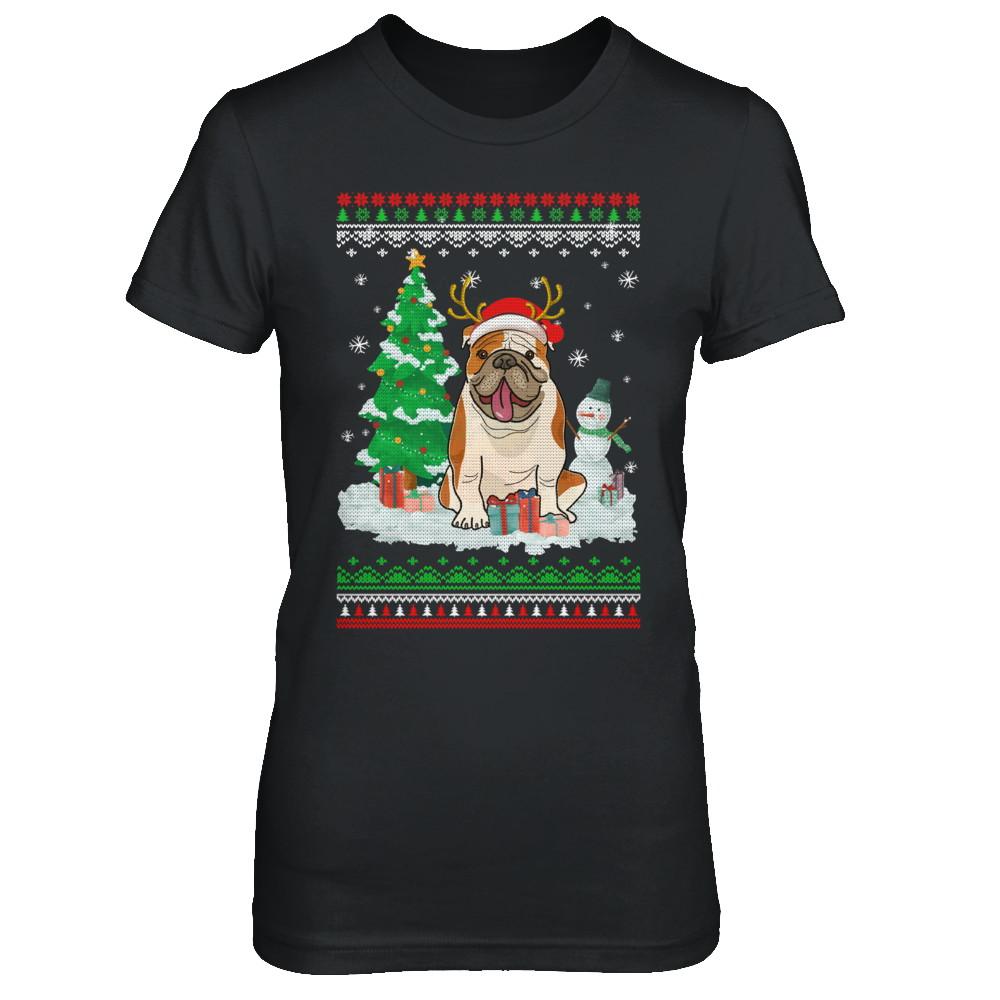 Cute Reindeer Bulldog Christmas Puppie Dog Sweater-T-Shirt & Sweatshirt-Women's T-Shirt-Black